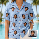 Woman wearing Women's Yankee Doodle Custom Face Hawaiian Shirt — custom faces printed all-over