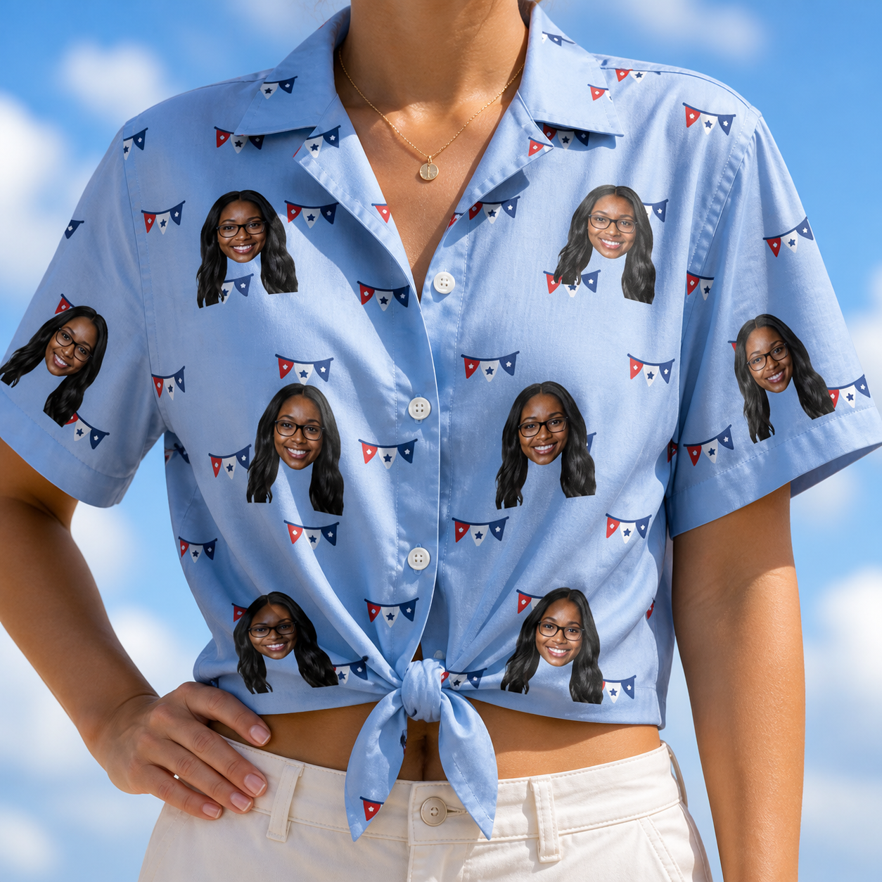 Woman wearing Women's Yankee Doodle Custom Face Hawaiian Shirt tied at the waist
