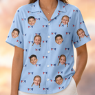 Model wearing Women's Yankee Doodle Custom Face Hawaiian Shirt printed with kids' faces