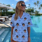 Real-life photo of someone wearing Women's Yankee Doodle Custom Face Hawaiian Shirt — custom faces printed all-over