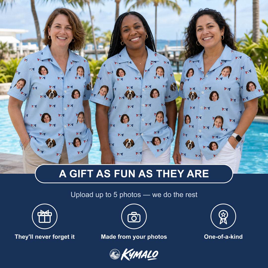Friends in matching Women's Yankee Doodle Custom Face Hawaiian Shirt — a group gift photo
