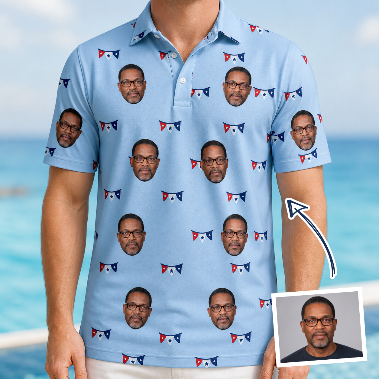 Man wearing Men's Yankee Doodle Custom Face Polo Shirt — custom faces printed all-over