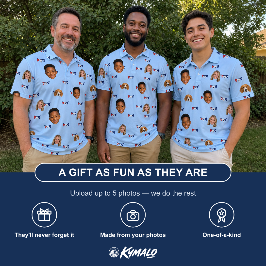 Friends in matching Men's Yankee Doodle Custom Face Polo Shirt — a group gift photo