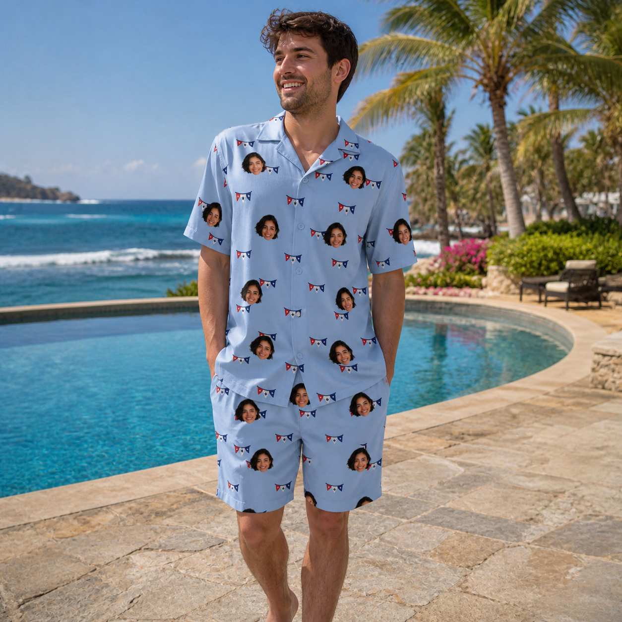 Real-life photo of someone wearing Men's Yankee Doodle Custom Face Shirt & Shorts Set — custom faces printed all-over