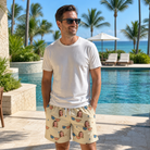 Real-life photo of someone wearing Men's Freedom Shades Custom Face Beach Shorts — custom faces printed all-over