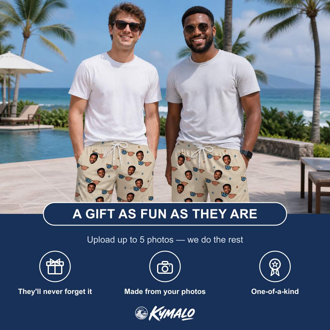 Friends in matching Men's Freedom Shades Custom Face Beach Shorts — a group gift photo