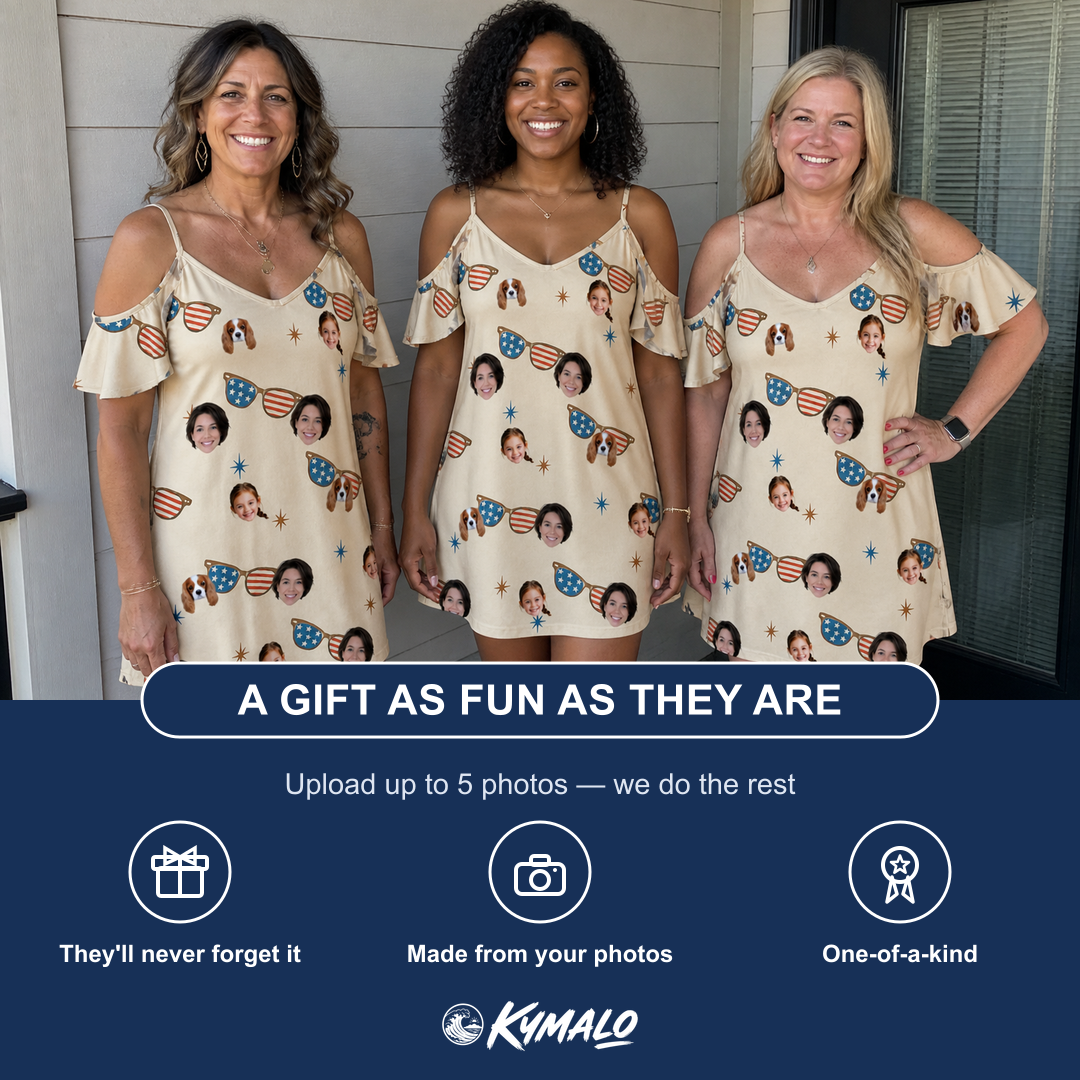 Friends in matching Women's Freedom Shades Custom Face Off-Shoulder Dress — a group gift photo