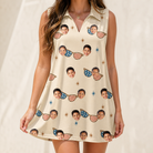 Model wearing Women's Freedom Shades Custom Face V-Neck Dress printed with kids' faces