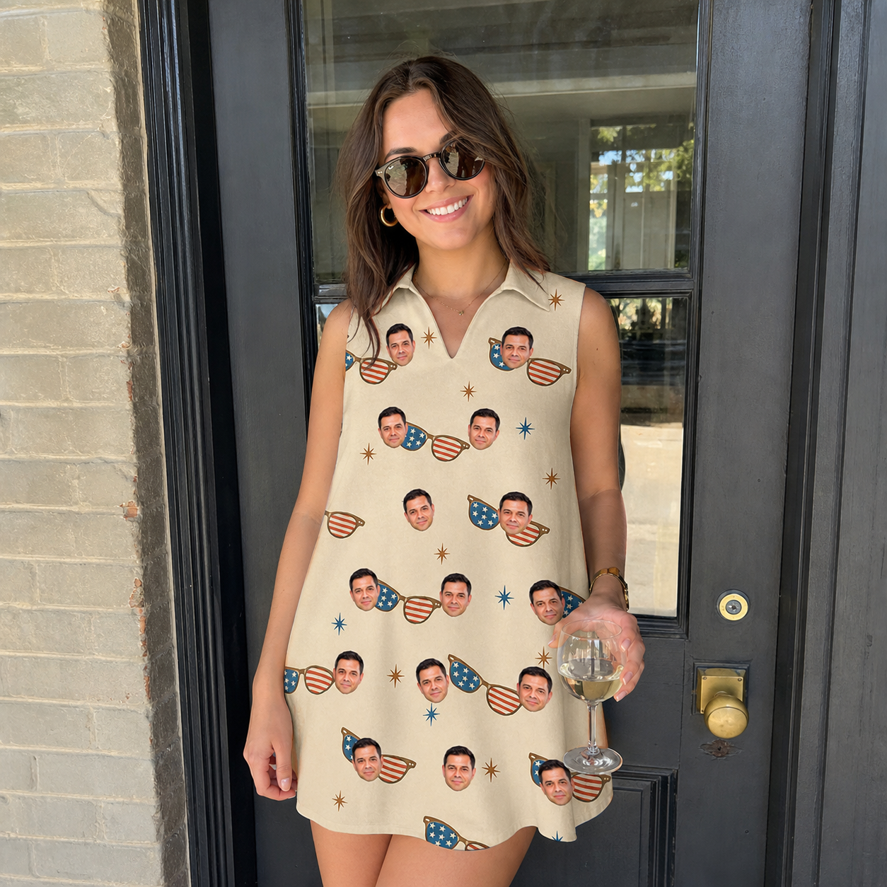 Real-life photo of someone wearing Women's Freedom Shades Custom Face V-Neck Dress — custom faces printed all-over
