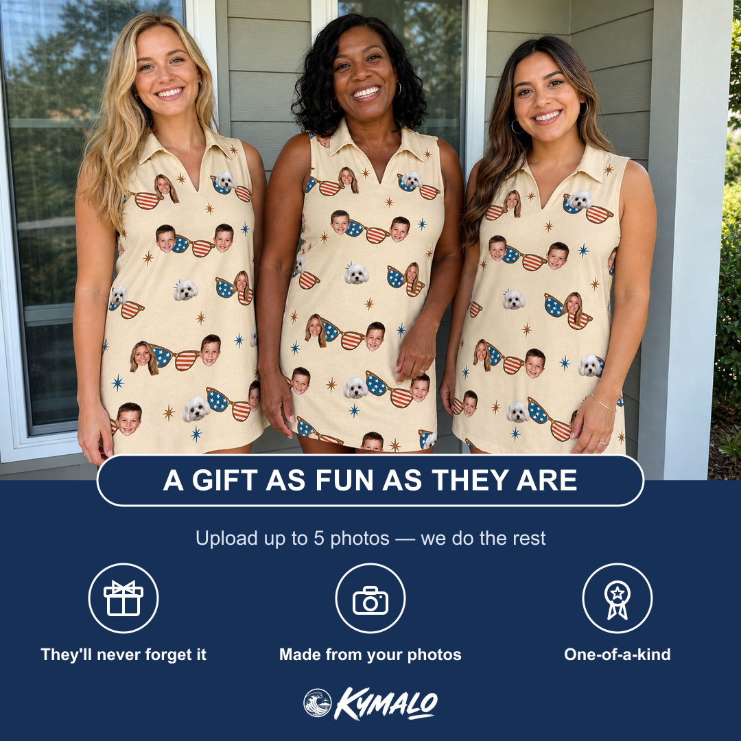 Friends in matching Women's Freedom Shades Custom Face V-Neck Dress — a group gift photo