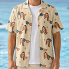 Man wearing Men's Freedom Shades Custom Face Hawaiian Shirt open over a white tee