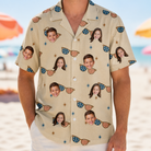 Model wearing Men's Freedom Shades Custom Face Hawaiian Shirt printed with kids' faces