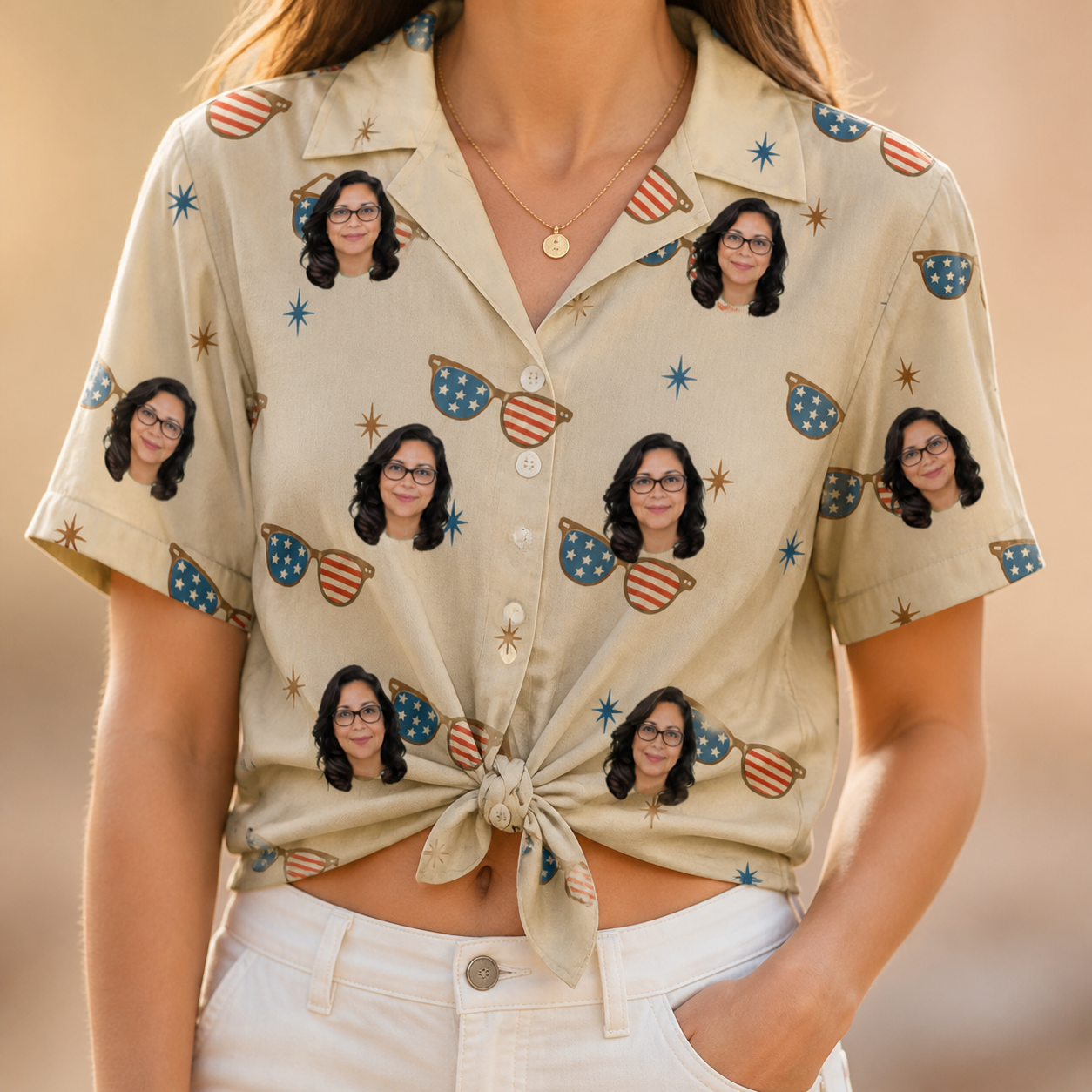 Woman wearing Women's Freedom Shades Custom Face Hawaiian Shirt tied at the waist