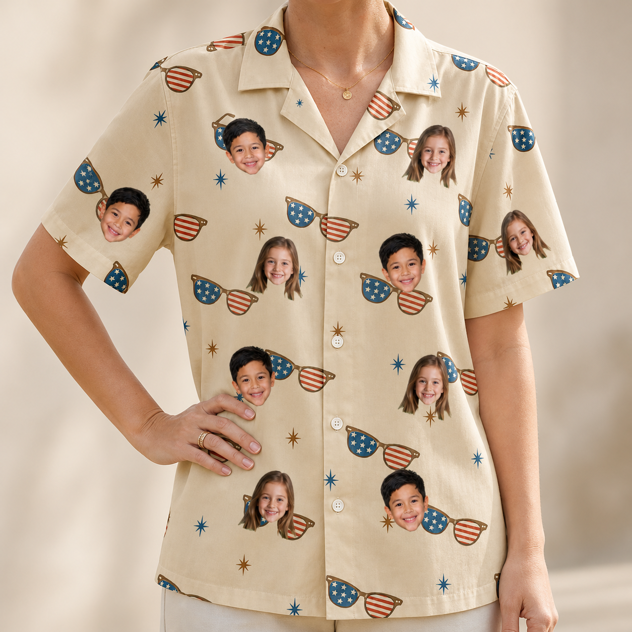 Model wearing Women's Freedom Shades Custom Face Hawaiian Shirt printed with kids' faces