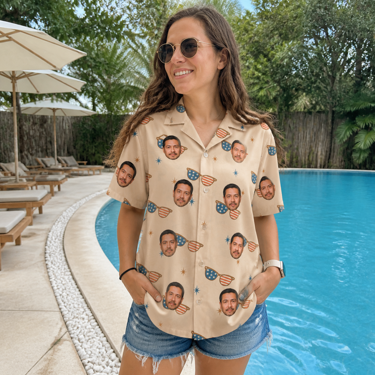 Real-life photo of someone wearing Women's Freedom Shades Custom Face Hawaiian Shirt — custom faces printed all-over