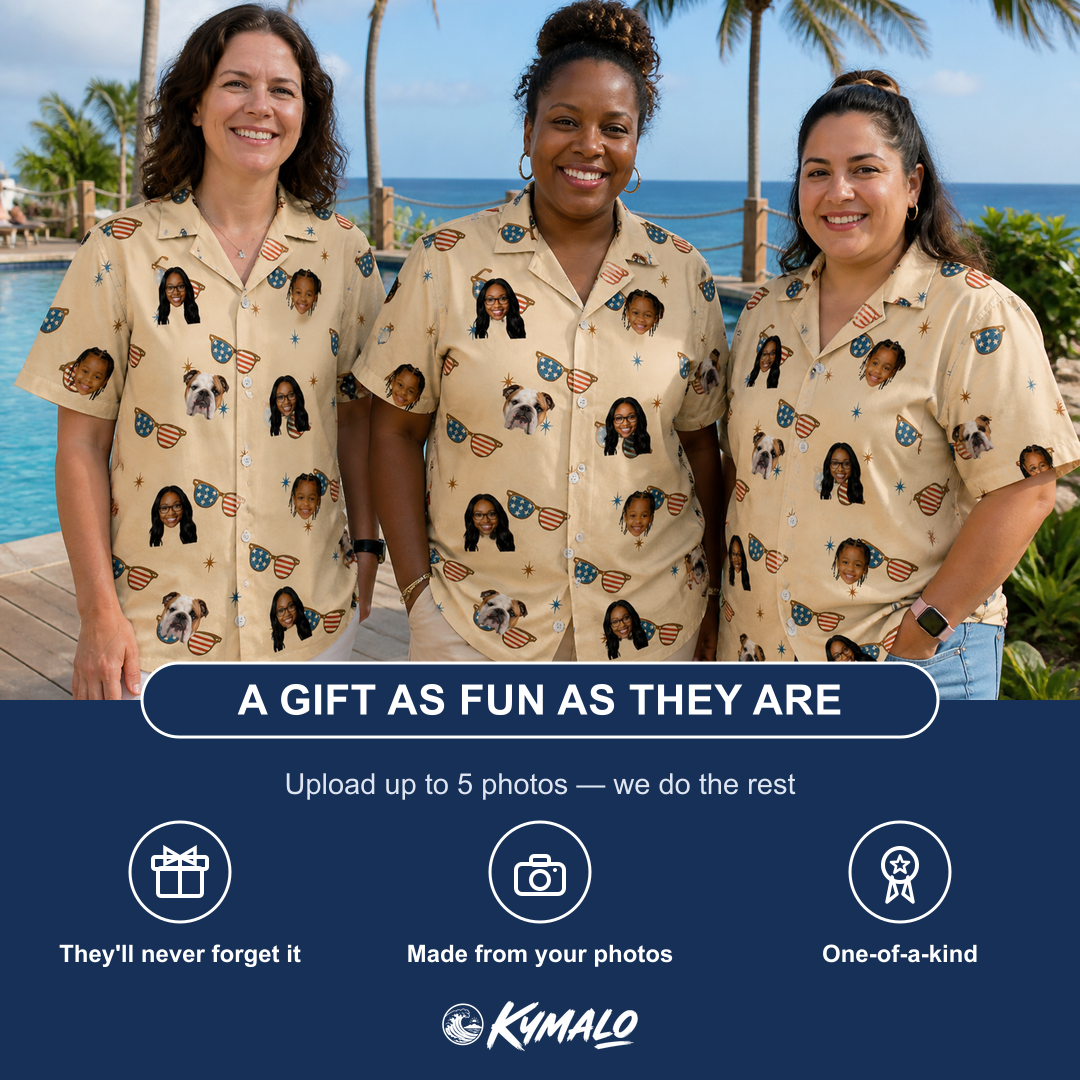 Friends in matching Women's Freedom Shades Custom Face Hawaiian Shirt — a group gift photo