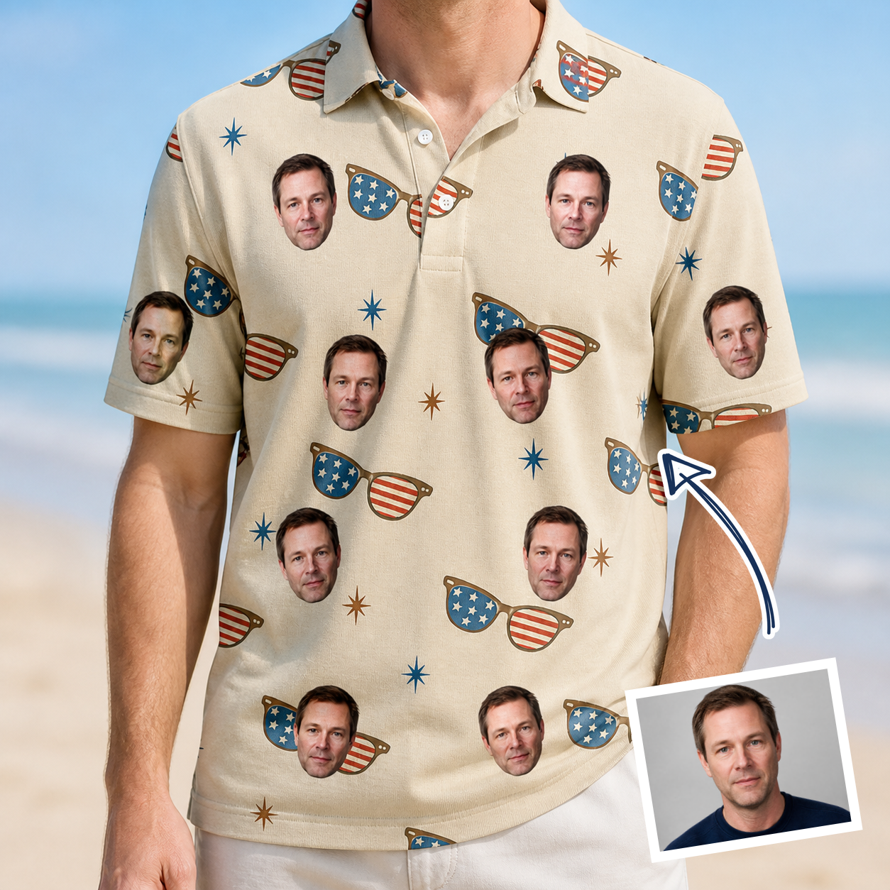 Man wearing Men's Freedom Shades Custom Face Polo Shirt — custom faces printed all-over
