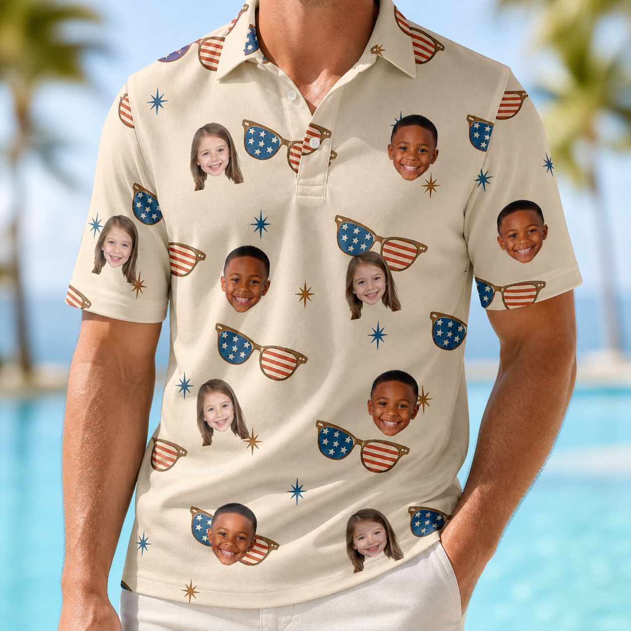 Model wearing Men's Freedom Shades Custom Face Polo Shirt printed with kids' faces