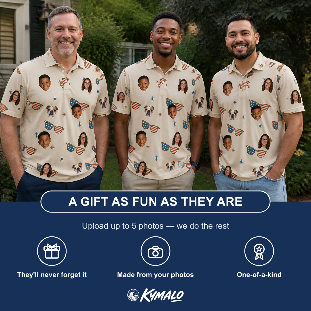 Friends in matching Men's Freedom Shades Custom Face Polo Shirt — a group gift photo