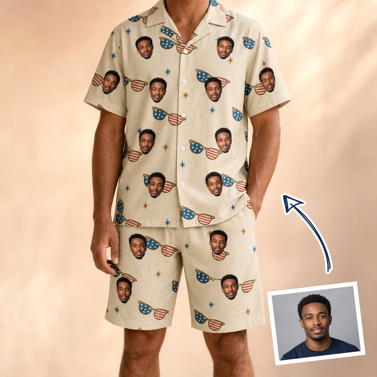Man wearing Men's Freedom Shades Custom Face Shirt & Shorts Set — custom faces printed all-over