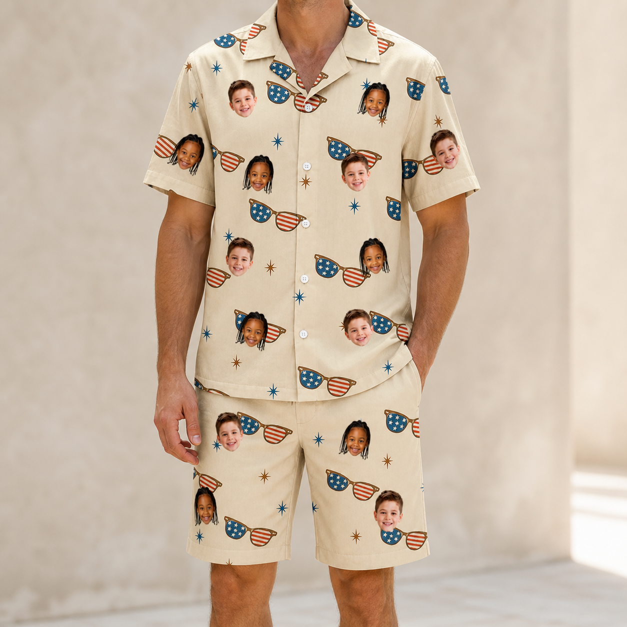 Model wearing Men's Freedom Shades Custom Face Shirt & Shorts Set printed with kids' faces