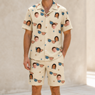 Model wearing Men's Freedom Shades Custom Face Shirt & Shorts Set printed with kids' faces