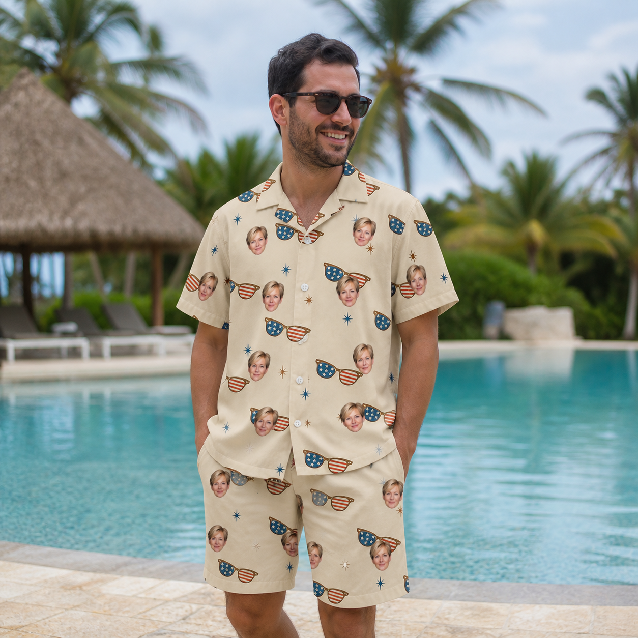 Real-life photo of someone wearing Men's Freedom Shades Custom Face Shirt & Shorts Set — custom faces printed all-over