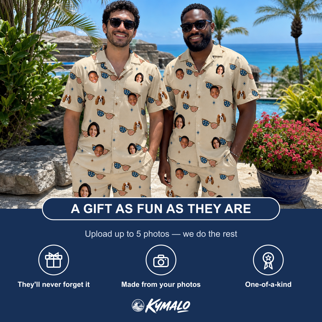 Friends in matching Men's Freedom Shades Custom Face Shirt & Shorts Set — a group gift photo