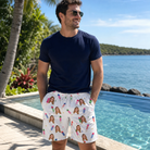Real-life photo of someone wearing Men's Boom Banner Custom Face Beach Shorts — custom faces printed all-over