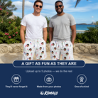 Friends in matching Men's Boom Banner Custom Face Beach Shorts — a group gift photo
