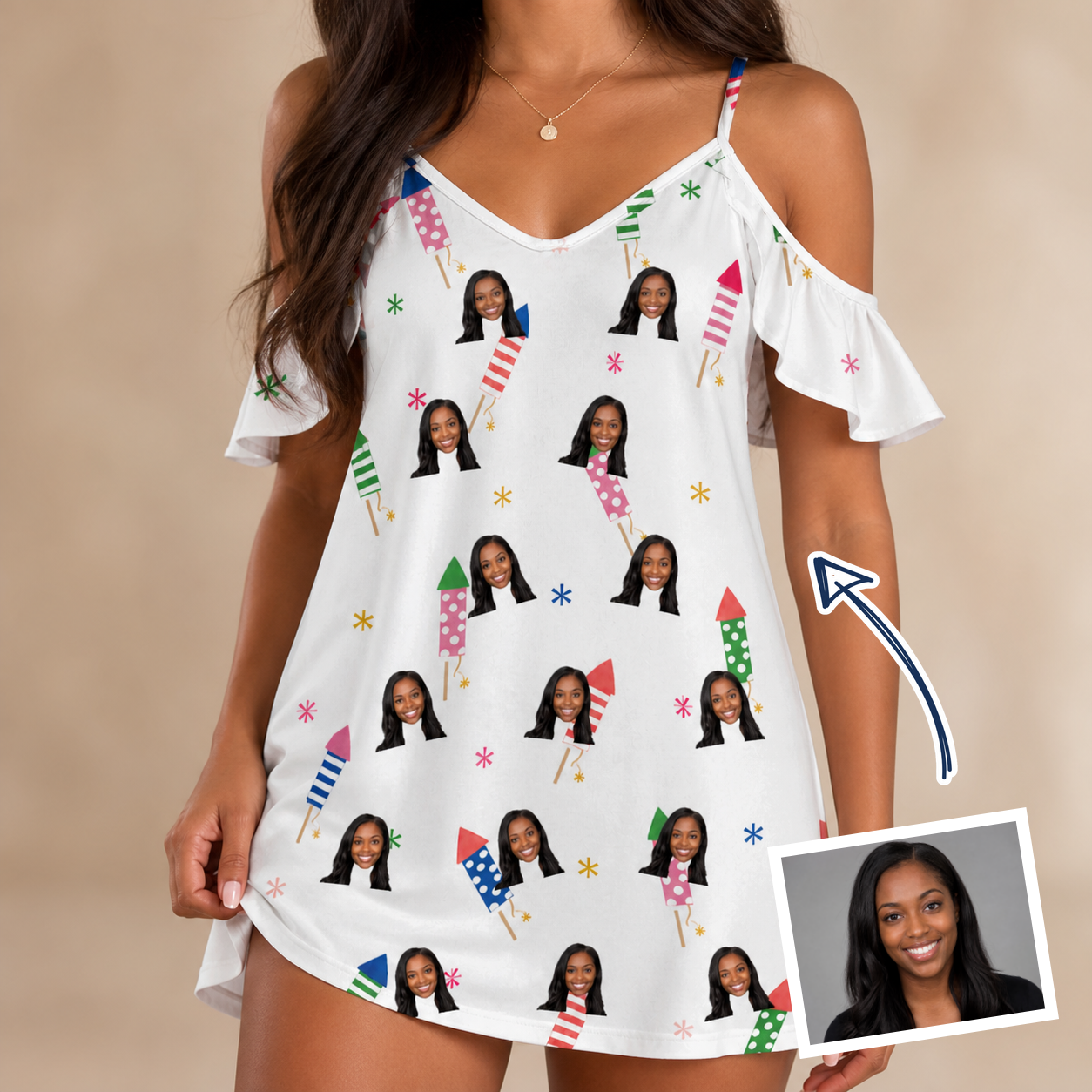 Woman wearing Women's Boom Banner Custom Face Off-Shoulder Dress — custom faces printed all-over