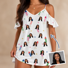 Woman wearing Women's Boom Banner Custom Face Off-Shoulder Dress — custom faces printed all-over