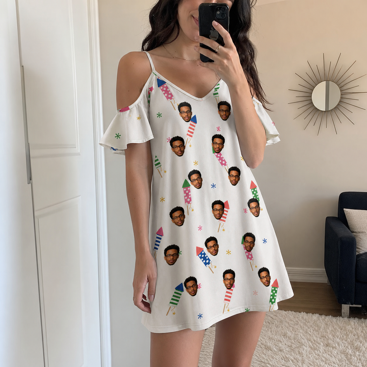 Real-life photo of someone wearing Women's Boom Banner Custom Face Off-Shoulder Dress — custom faces printed all-over