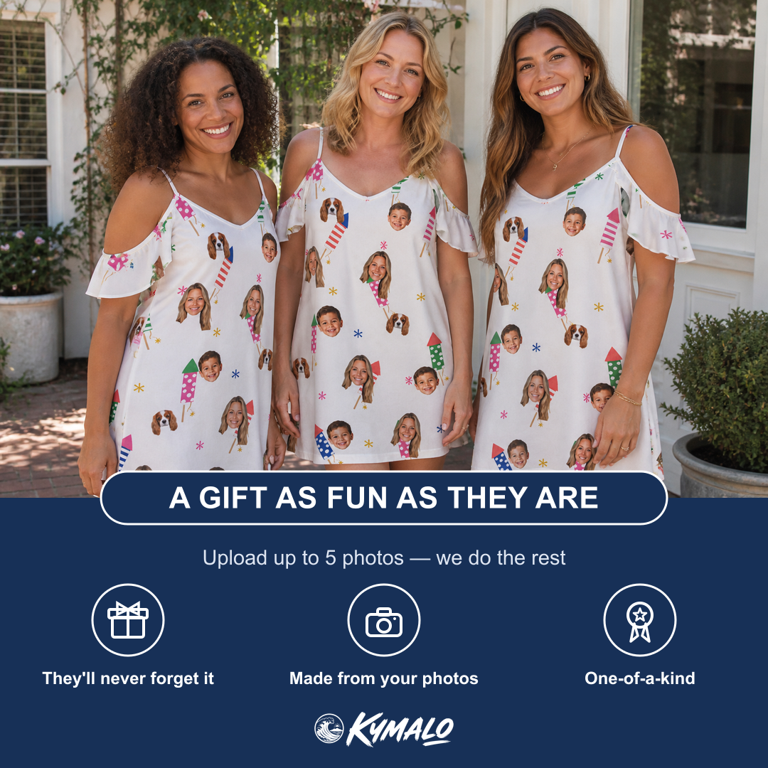 Friends in matching Women's Boom Banner Custom Face Off-Shoulder Dress — a group gift photo