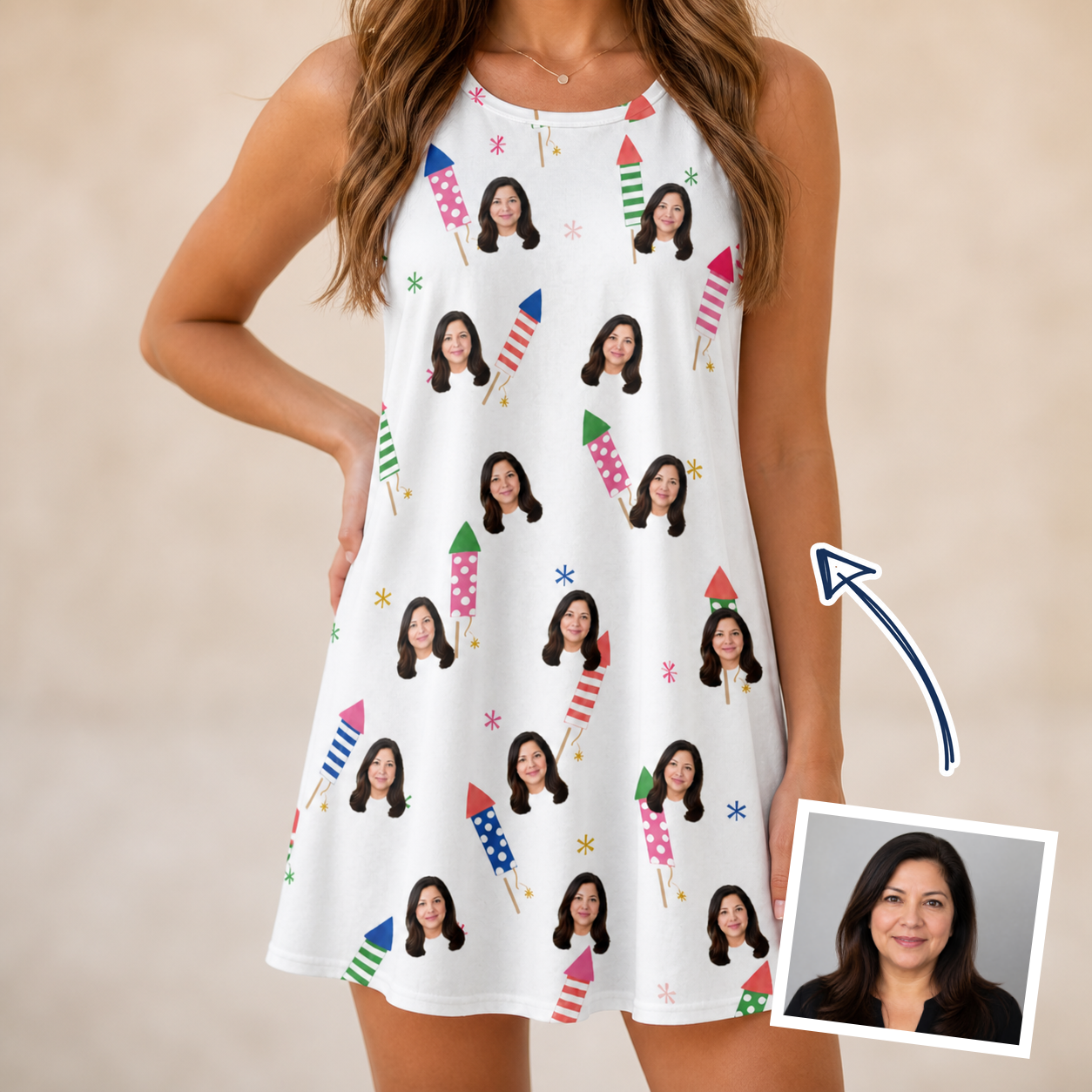 Woman wearing Women's Boom Banner Custom Face Tank Dress — custom faces printed all-over
