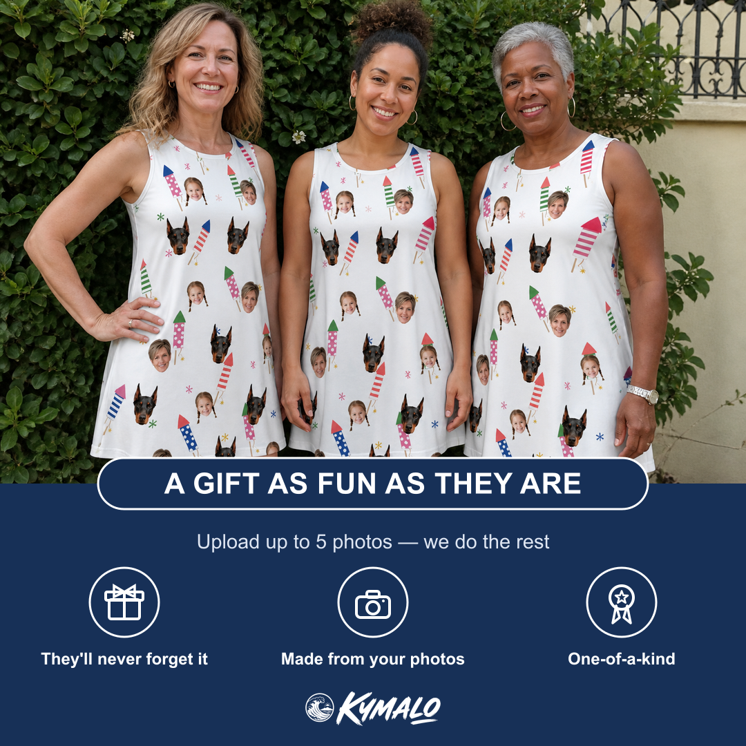 Friends in matching Women's Boom Banner Custom Face Tank Dress — a group gift photo
