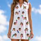 Model wearing Women's Boom Banner Custom Face V-Neck Dress printed with kids' faces