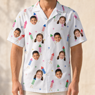 Model wearing Men's Boom Banner Custom Face Hawaiian Shirt printed with kids' faces