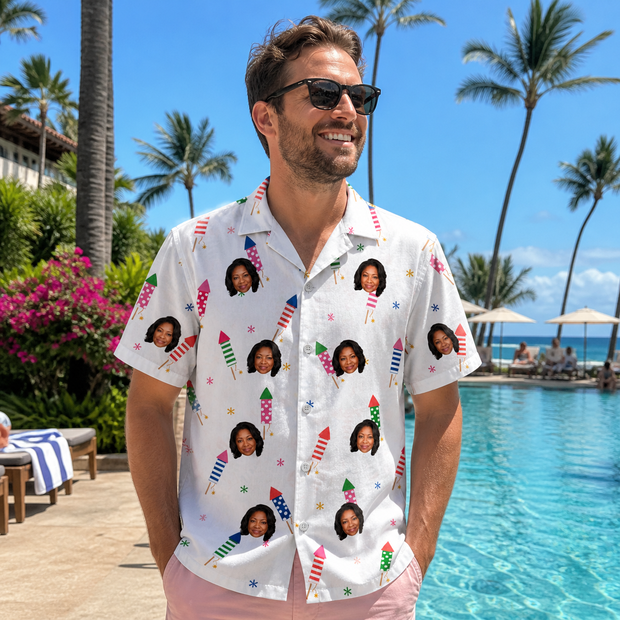 Real-life photo of someone wearing Men's Boom Banner Custom Face Hawaiian Shirt — custom faces printed all-over