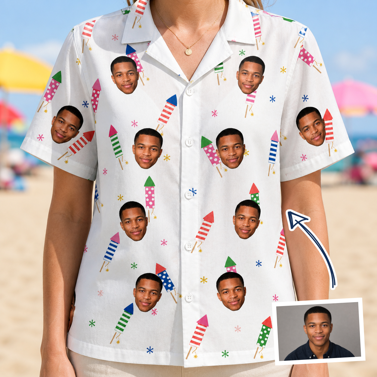 Woman wearing Women's Boom Banner Custom Face Hawaiian Shirt — custom faces printed all-over