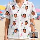 Woman wearing Women's Boom Banner Custom Face Hawaiian Shirt — custom faces printed all-over