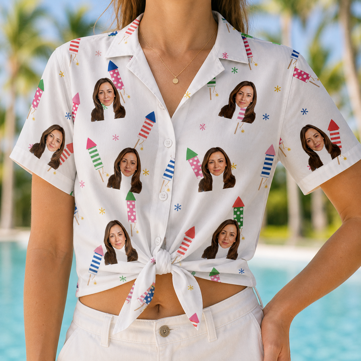 Woman wearing Women's Boom Banner Custom Face Hawaiian Shirt tied at the waist