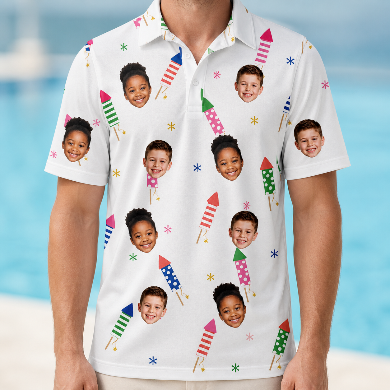 Model wearing Men's Boom Banner Custom Face Polo Shirt printed with kids' faces