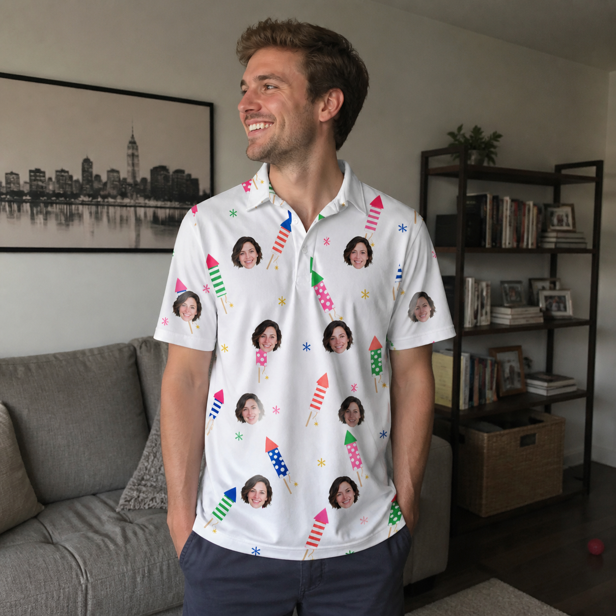 Real-life photo of someone wearing Men's Boom Banner Custom Face Polo Shirt — custom faces printed all-over