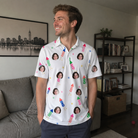 Real-life photo of someone wearing Men's Boom Banner Custom Face Polo Shirt — custom faces printed all-over