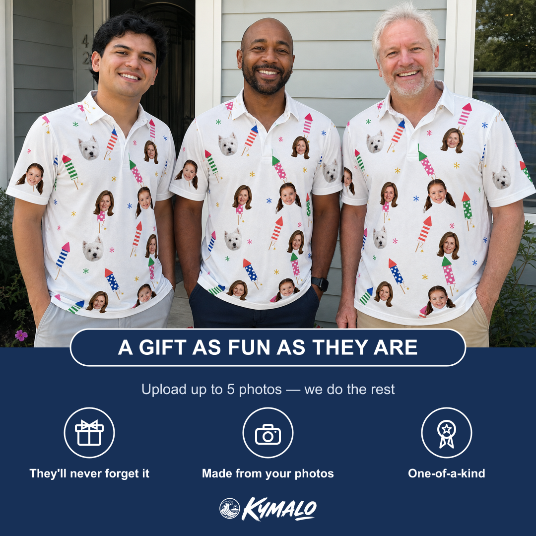 Friends in matching Men's Boom Banner Custom Face Polo Shirt — a group gift photo