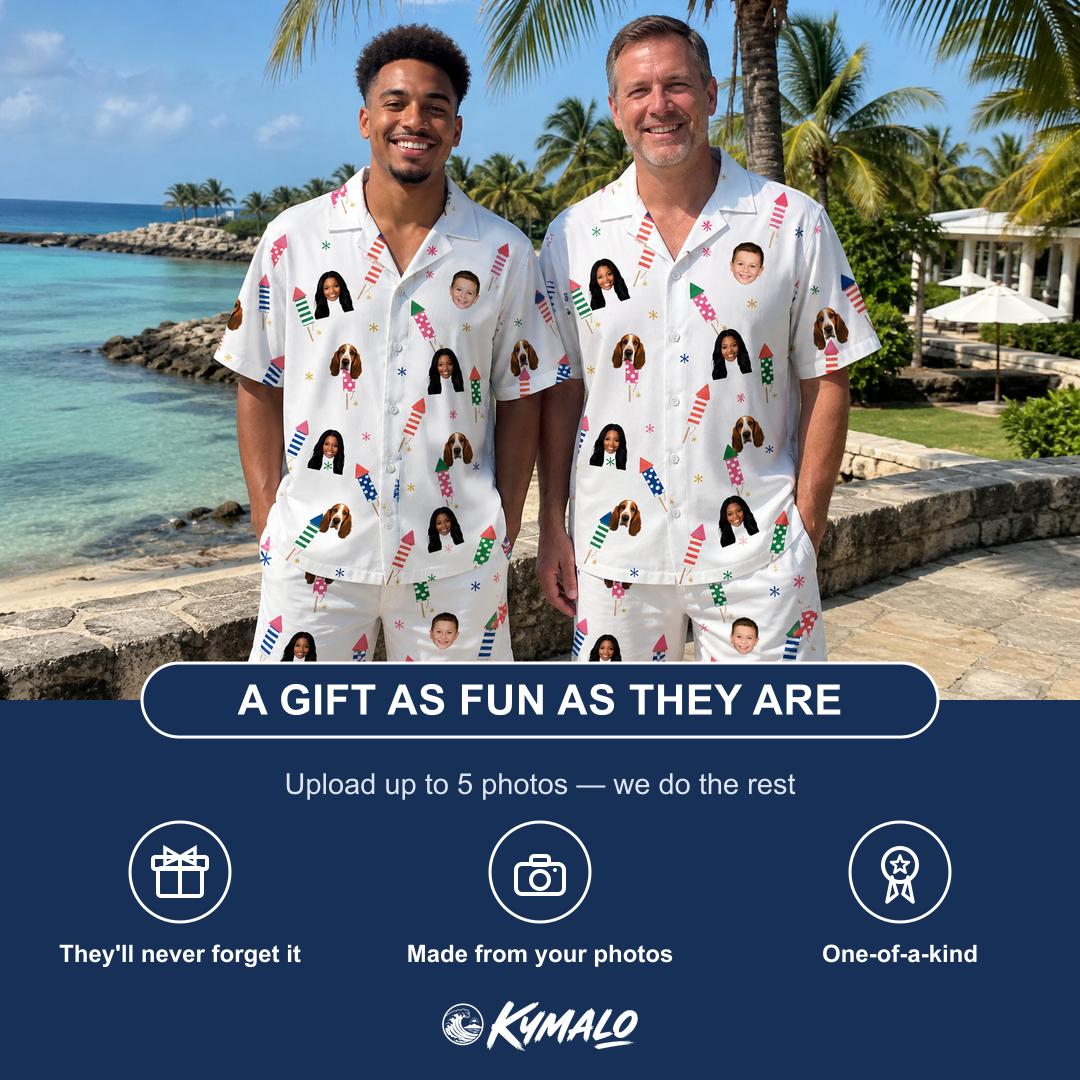 Friends in matching Men's Boom Banner Custom Face Shirt & Shorts Set — a group gift photo