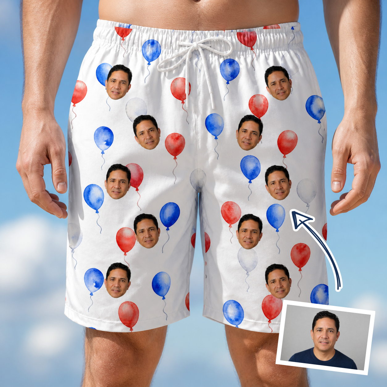 Man wearing Men's Rocket Ribbons Custom Face Beach Shorts — custom faces printed all-over