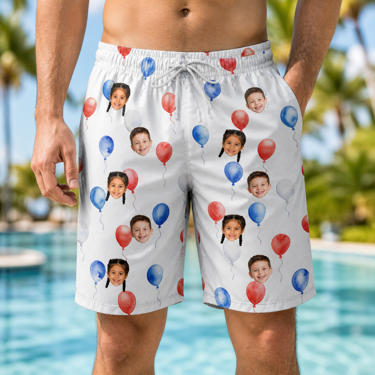 Model wearing Men's Rocket Ribbons Custom Face Beach Shorts printed with kids' faces