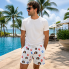 Real-life photo of someone wearing Men's Rocket Ribbons Custom Face Beach Shorts — custom faces printed all-over